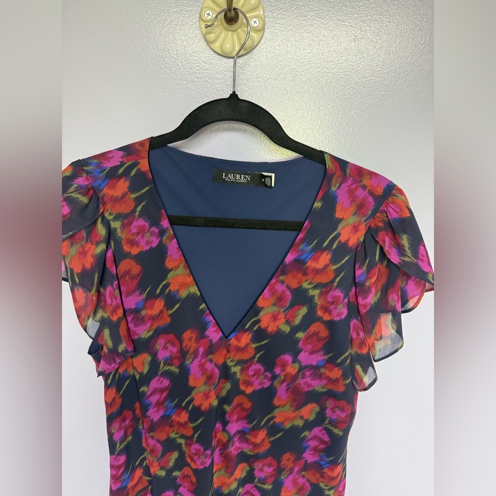 Ralph Lauren Multicolor Floral drop waist Midi Dress with ruffles size 12 - Picture 4 of 14
